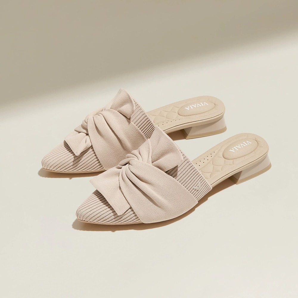 Vivaia Yaffa Pro Almond Knotted Bow Pointed Toe Mules Knit Block Heel US 8 EU 39 - Picture 3 of 14